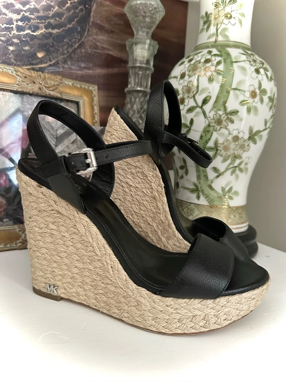 Michael Michael Kors Black Leather Espadrille Platform Wedge Sandals Size 8.5